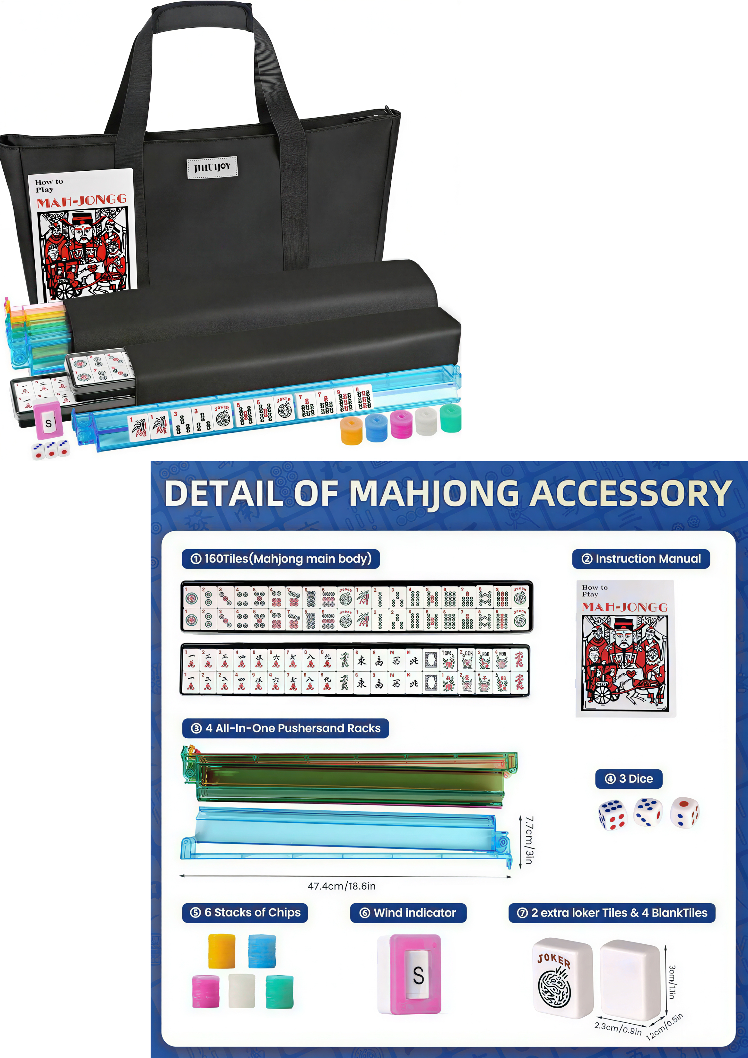 Classic American mahjong tile set with rack and dice