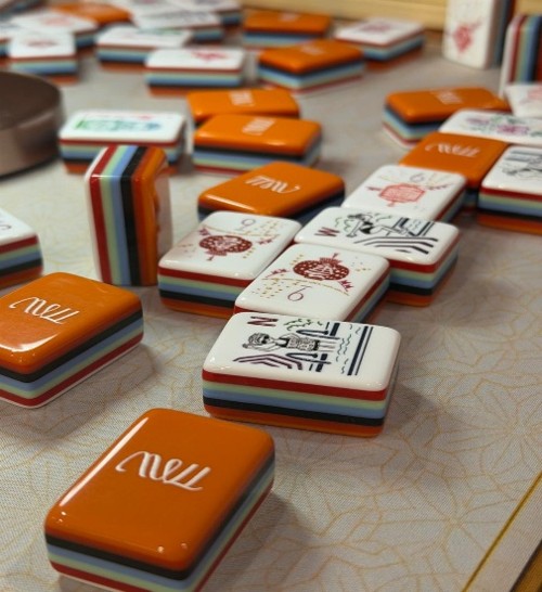 Desert Bloom designer acrylic mahjong tile set, festive luminous colourway