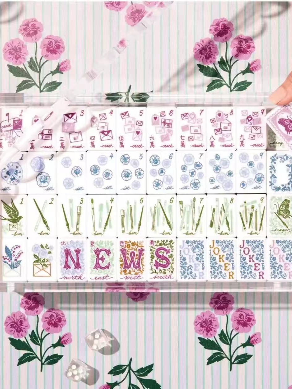 Loveletters acrylic mahjong tile set, whimsical pastel colourway