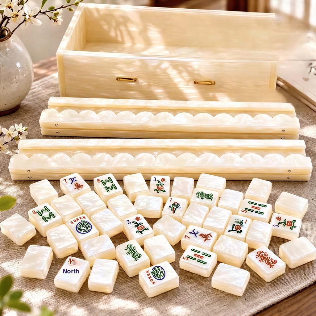 Premium translucent shell finish mahjong tile set with matching storage box