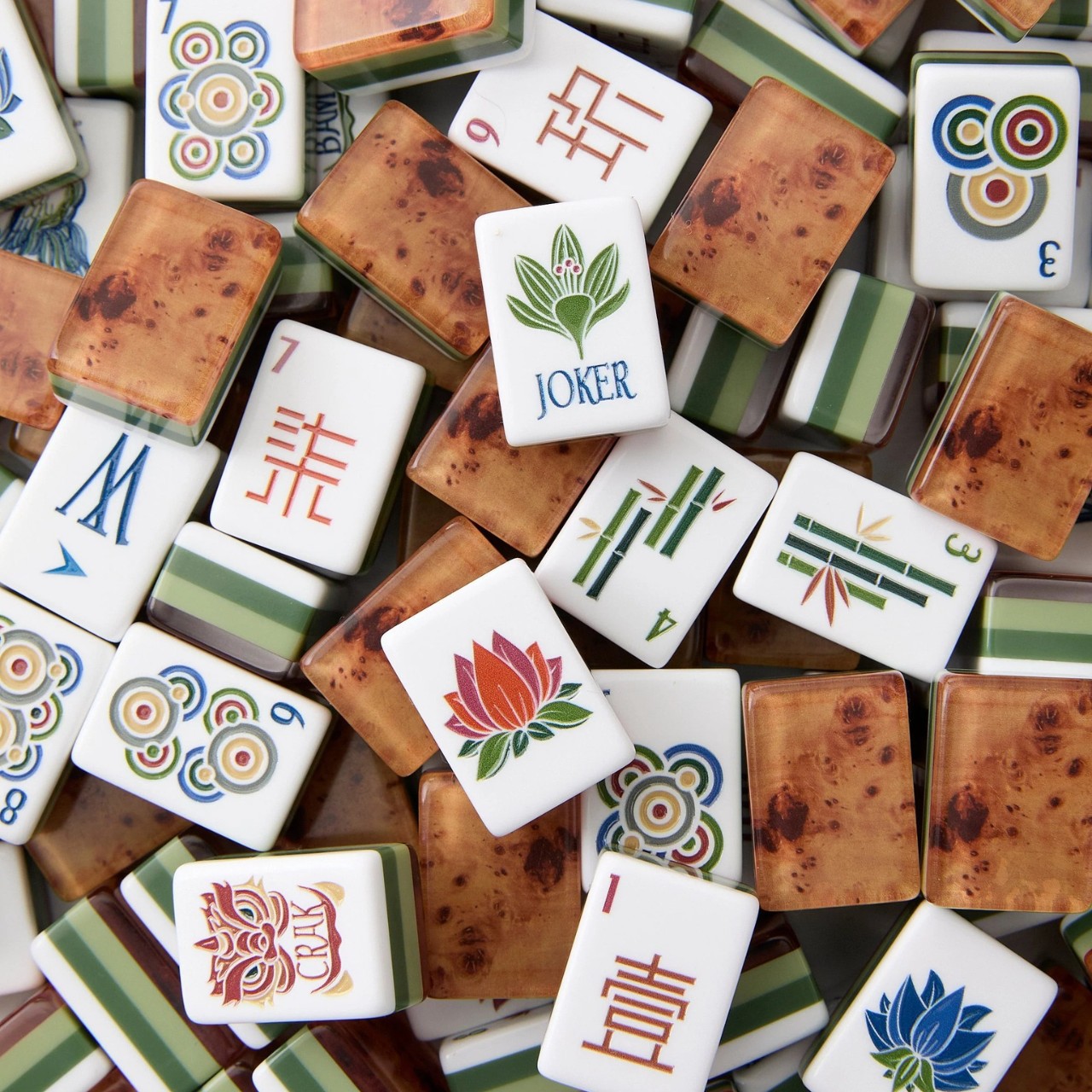 Zen Forest acrylic mahjong tiles laid out for design review